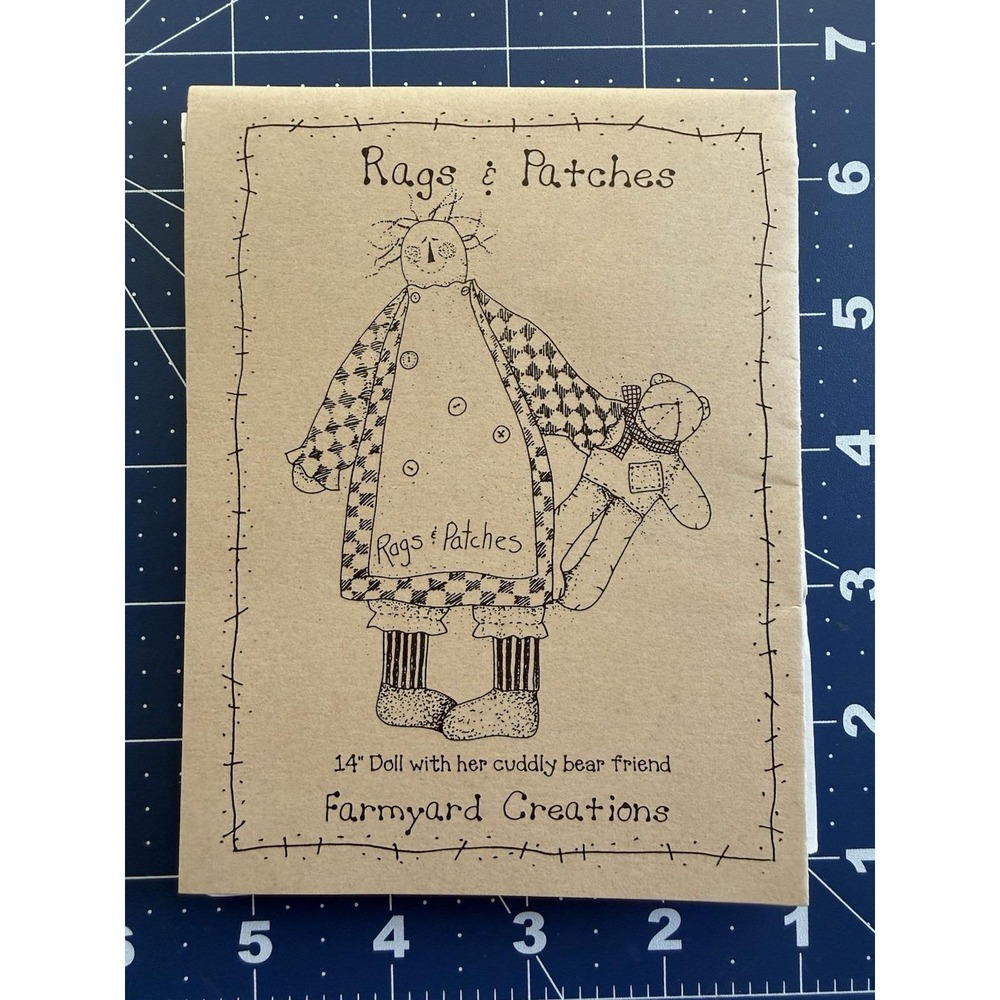 Farmyard Creations Small Craft Pattern: RAGS & PATCHES 14" Doll w Bear Uncut